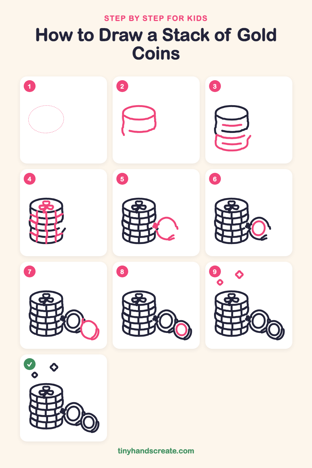 How to draw a stack of gold coins step by step for kids
