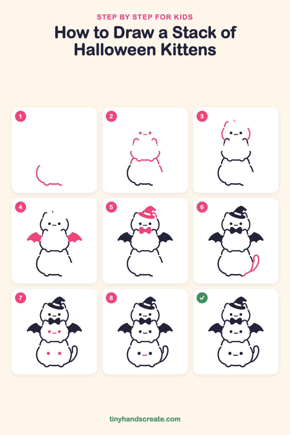 How to draw a stack of Halloween kittens step by step for kids