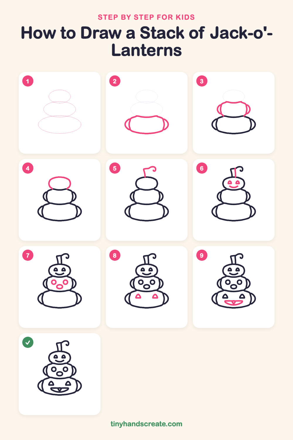 How to draw a stack of jack-o'-lanterns step by step for kids