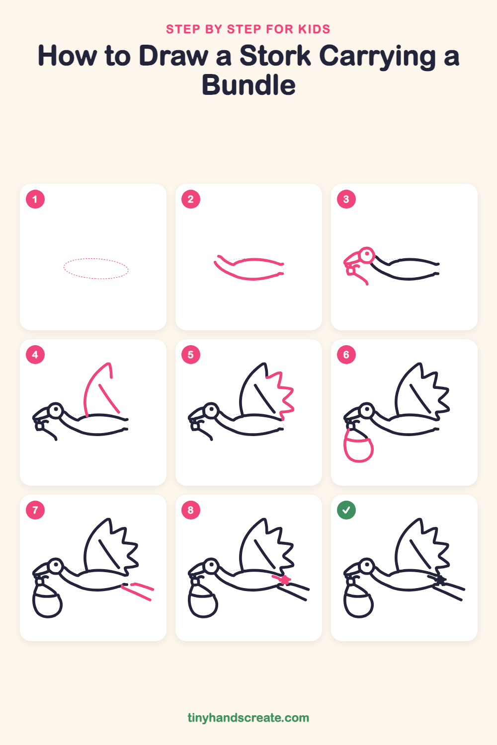 How to draw a stork carrying a bundle step by step for kids