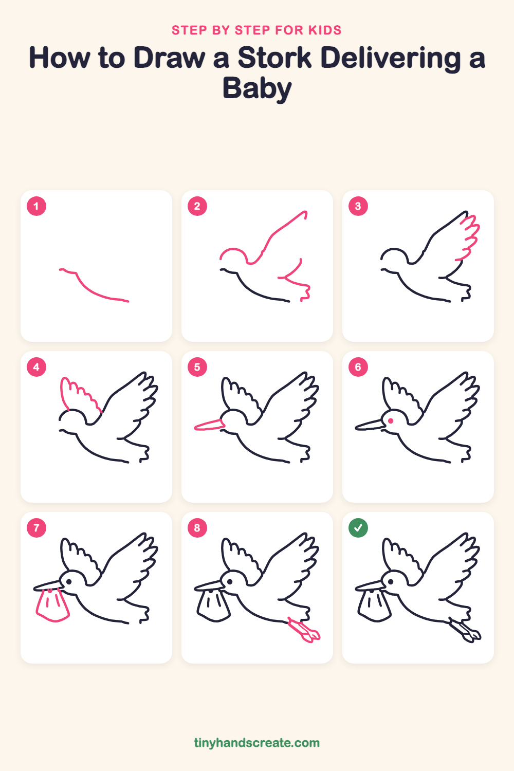 How to draw a stork delivering a baby step by step for kids