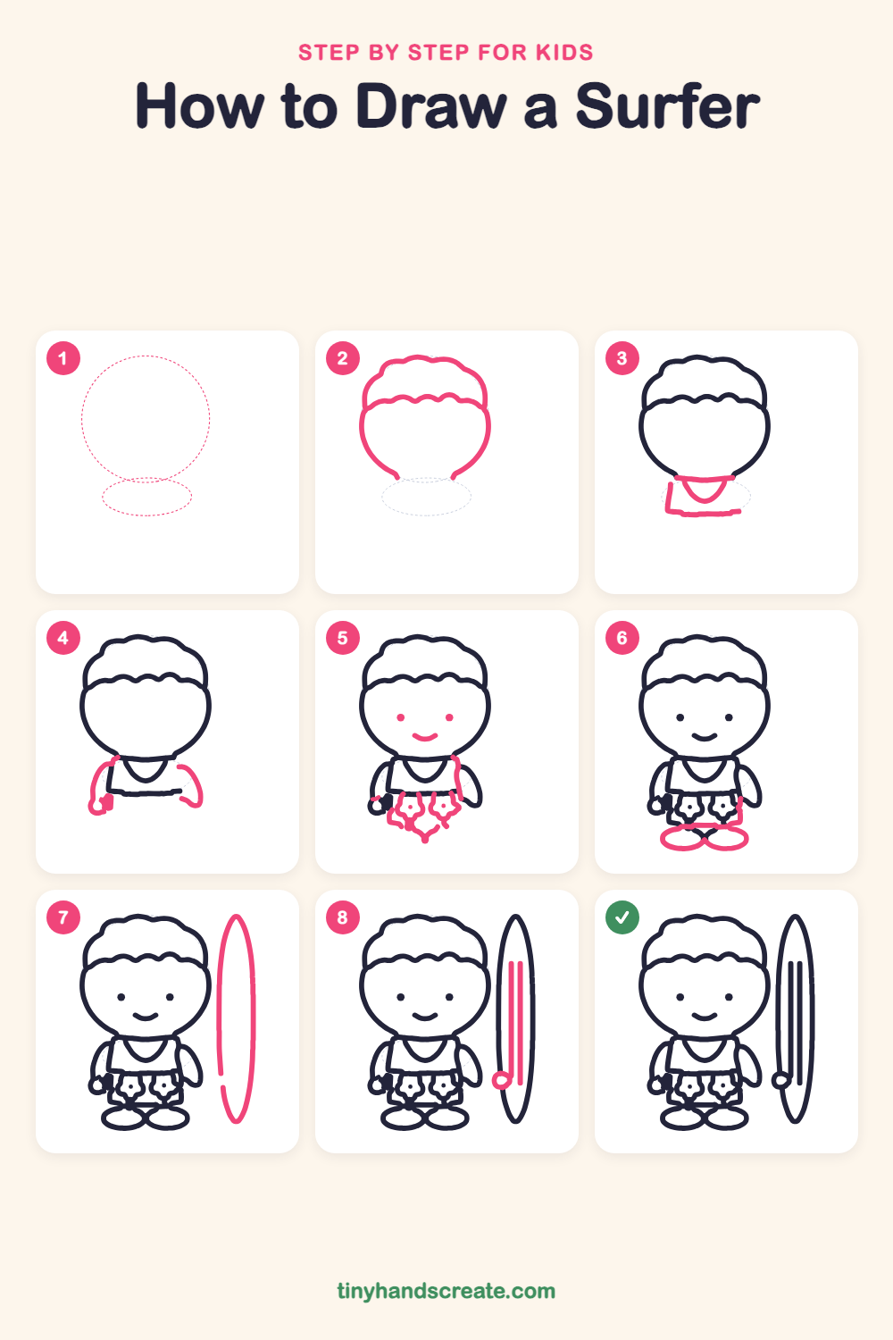 How to draw a surfer step by step for kids