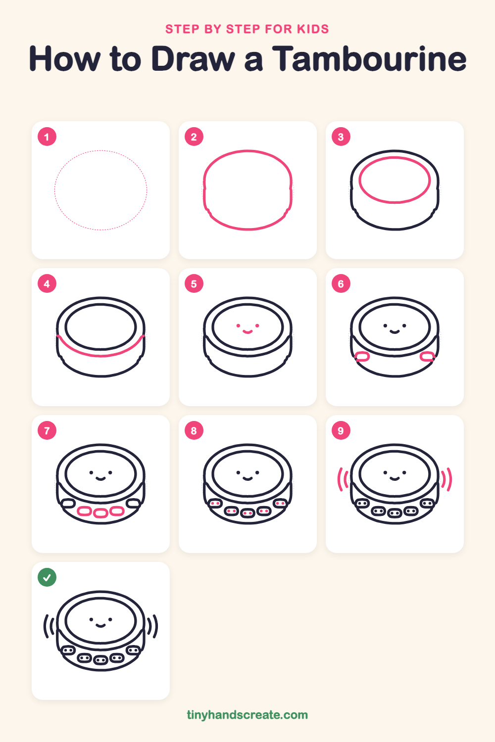 How to draw a tambourine step by step for kids