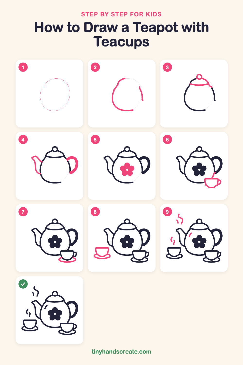 How to draw a teapot with teacups step by step for kids