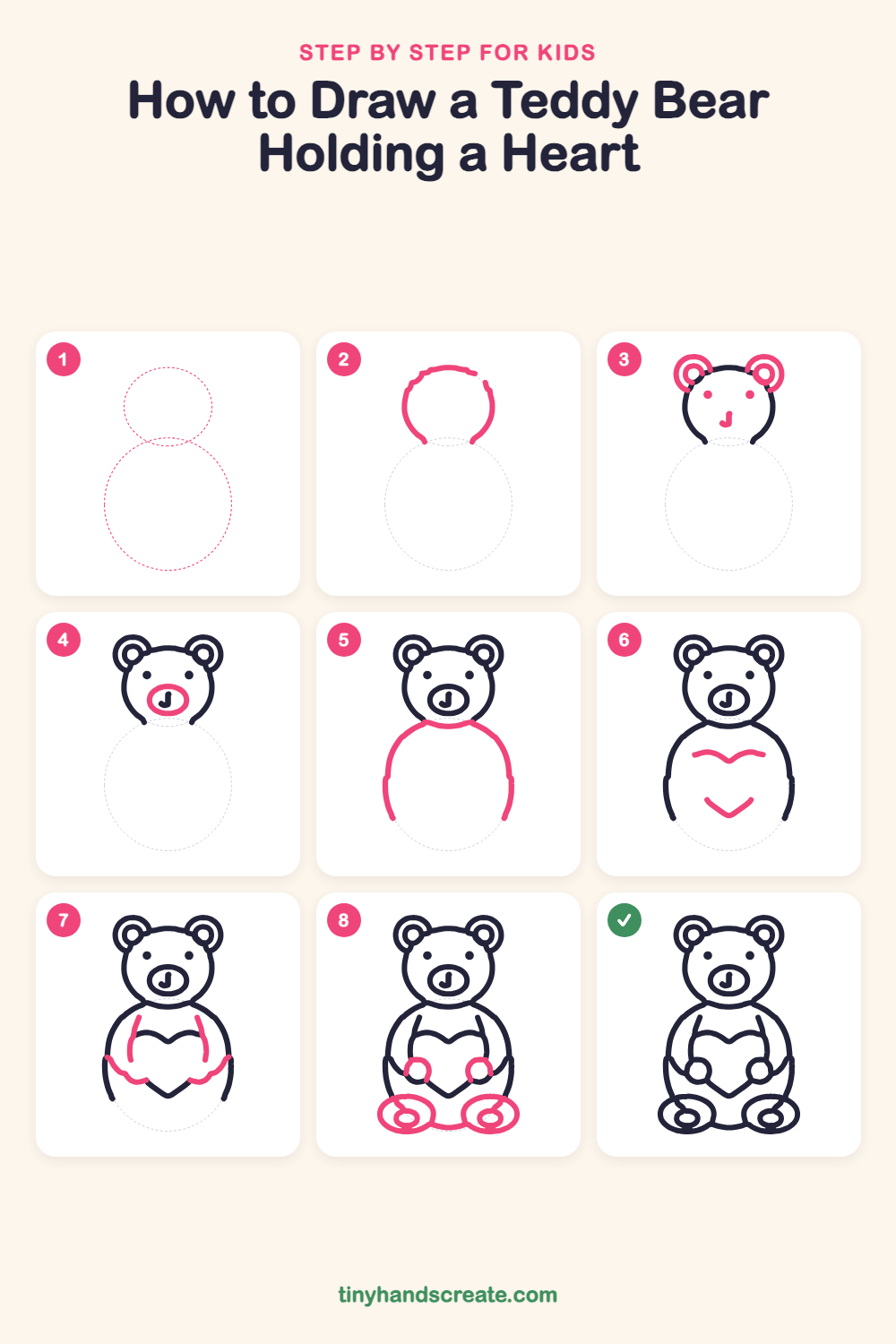 How to draw a teddy bear holding a heart step by step for kids