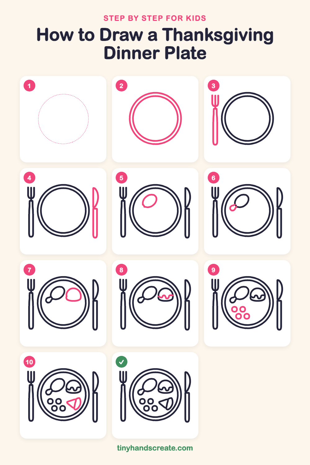 How to draw a Thanksgiving dinner plate step by step for kids