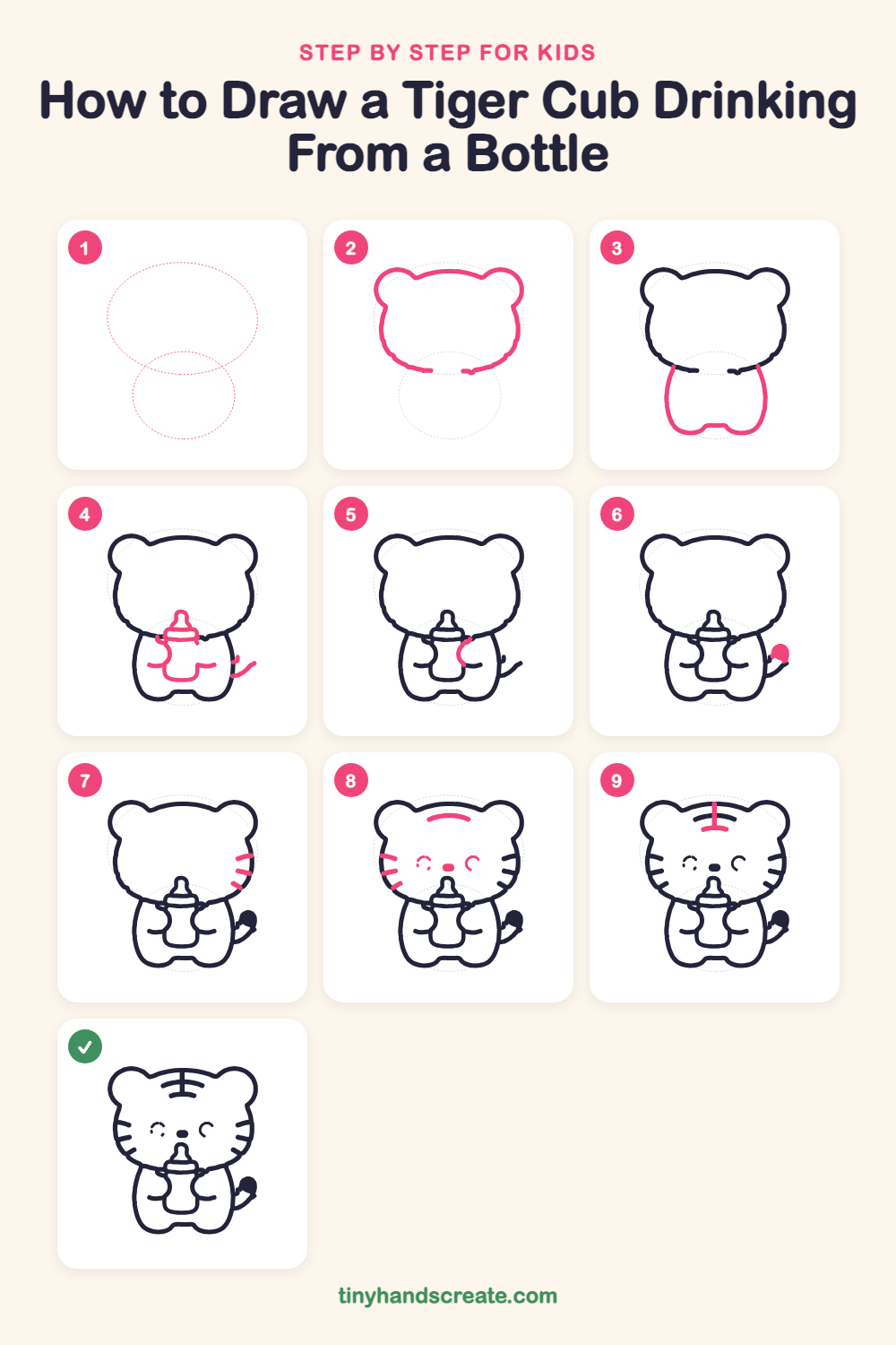 How to draw a tiger cub drinking from a bottle step by step for kids