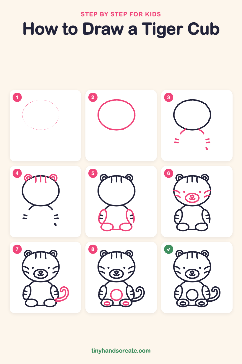 How to draw a tiger cub step by step for kids