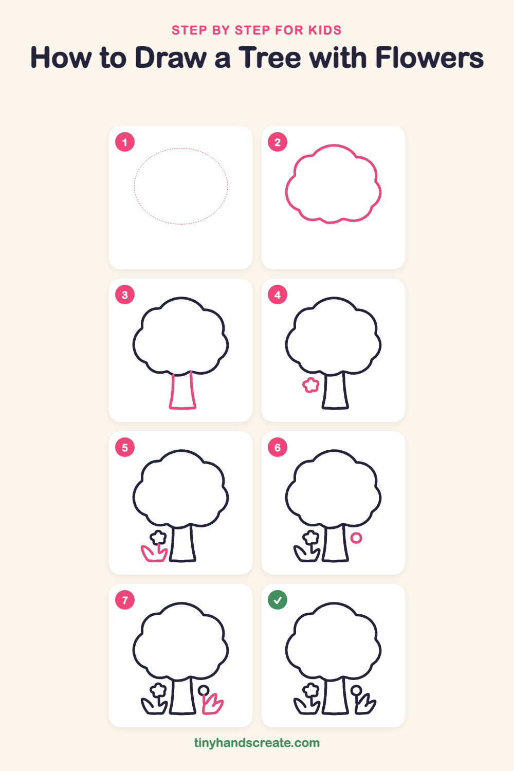 How to draw a tree with flowers step by step for kids