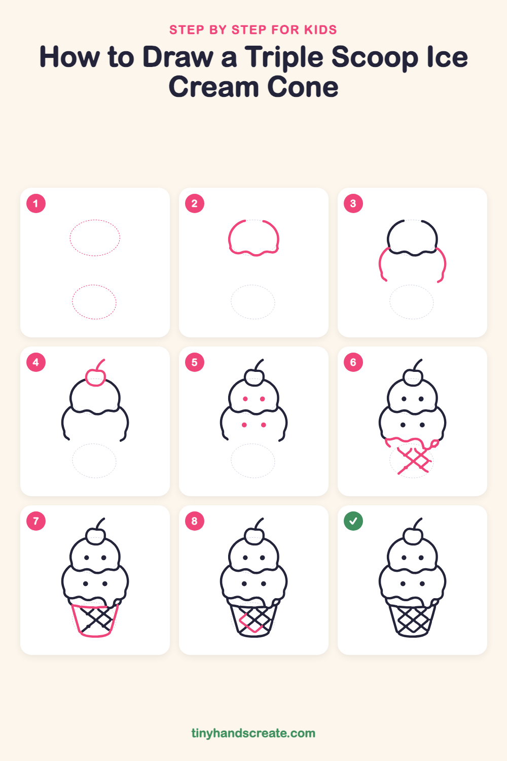 How to draw a triple scoop ice cream cone step by step for kids