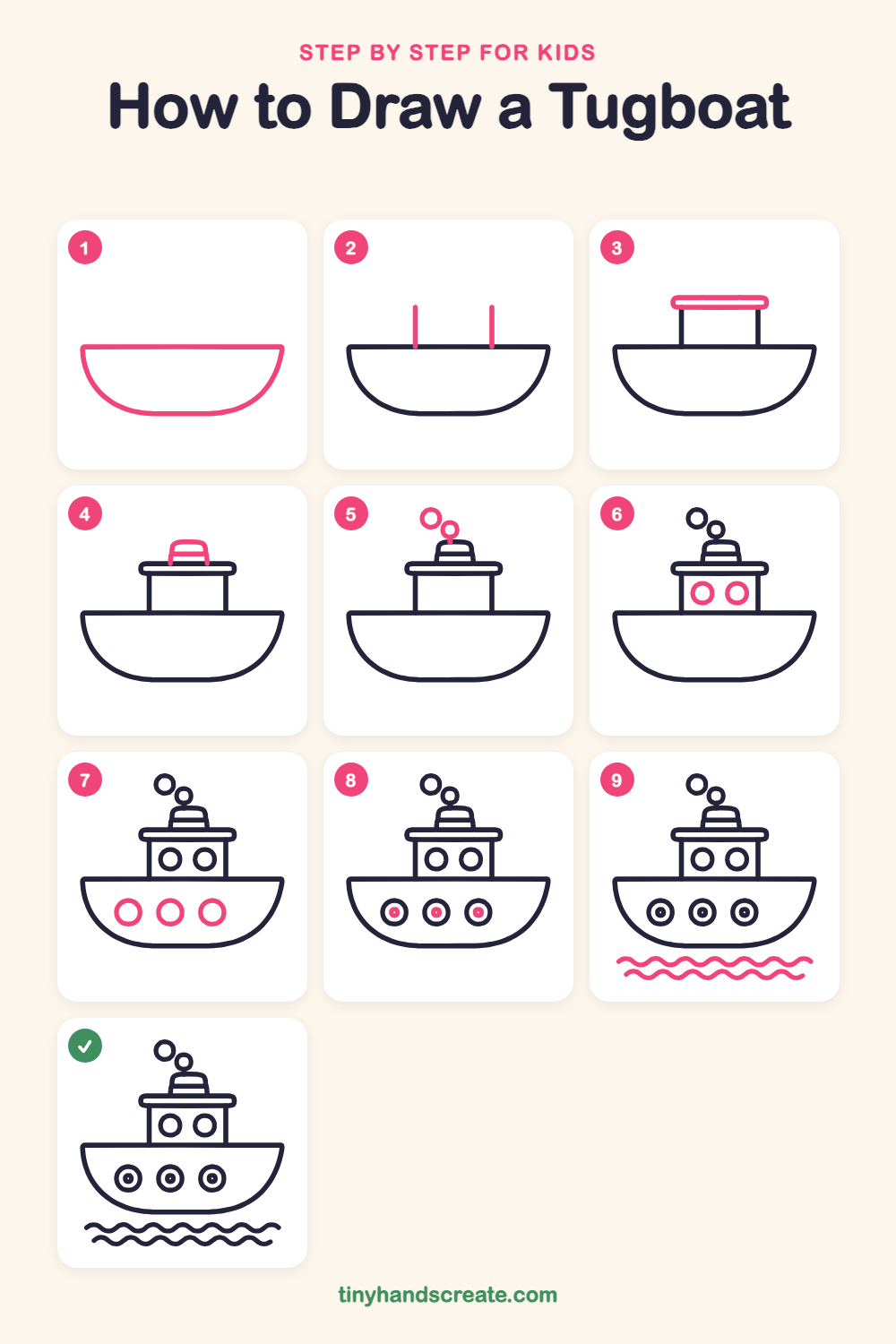 How to draw a tugboat step by step for kids