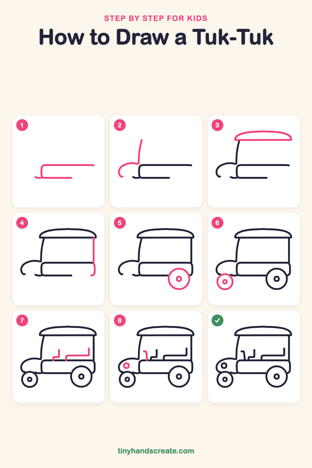 How to draw a tuk-tuk step by step for kids