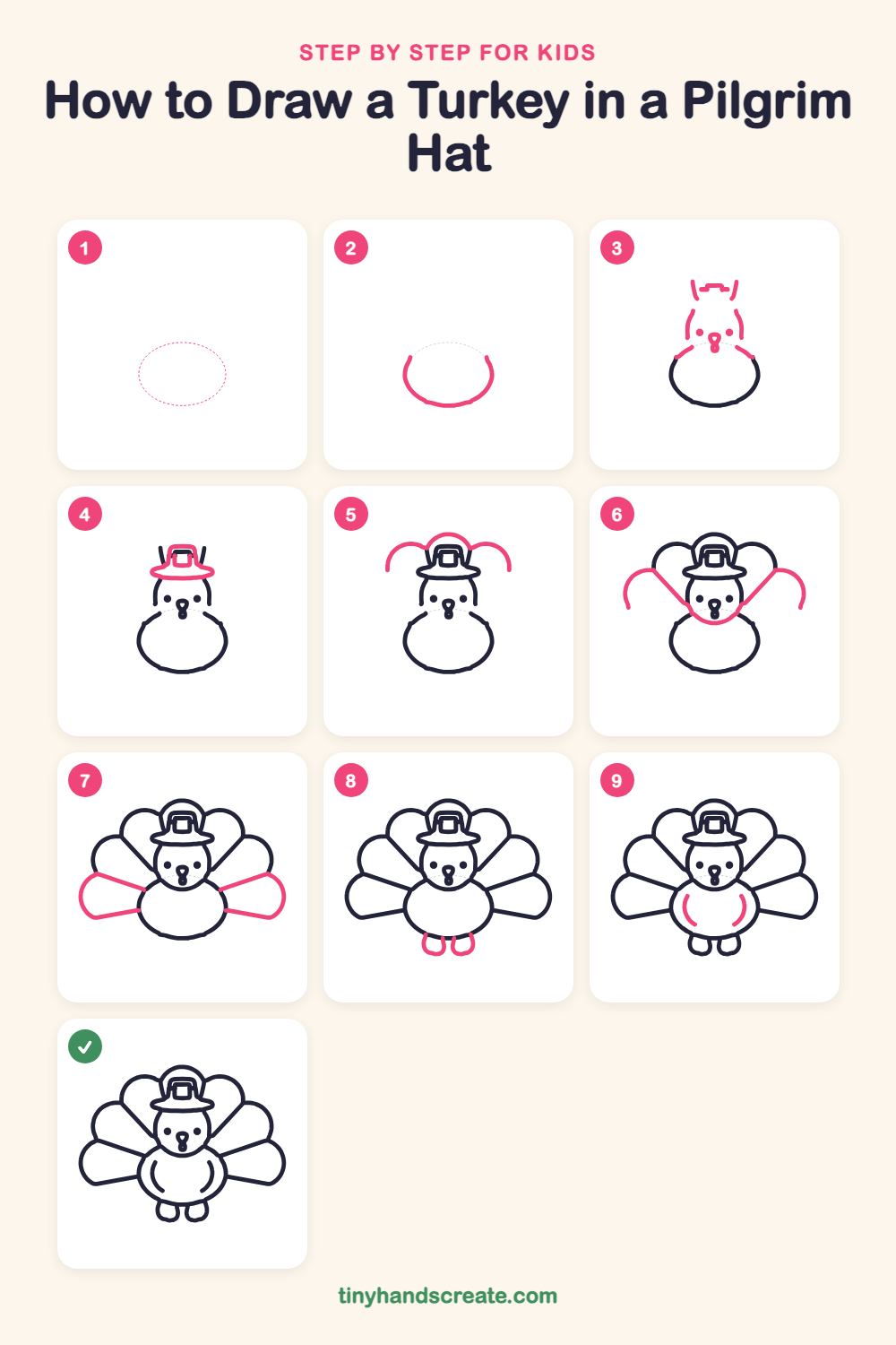 How to draw a turkey in a pilgrim hat step by step for kids