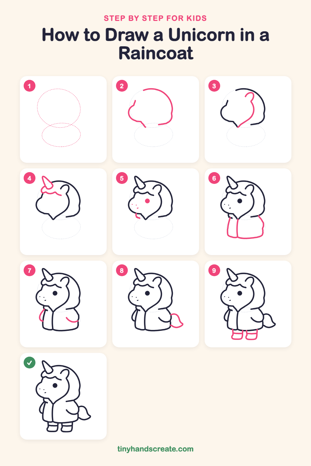 How to draw a unicorn in a raincoat step by step for kids