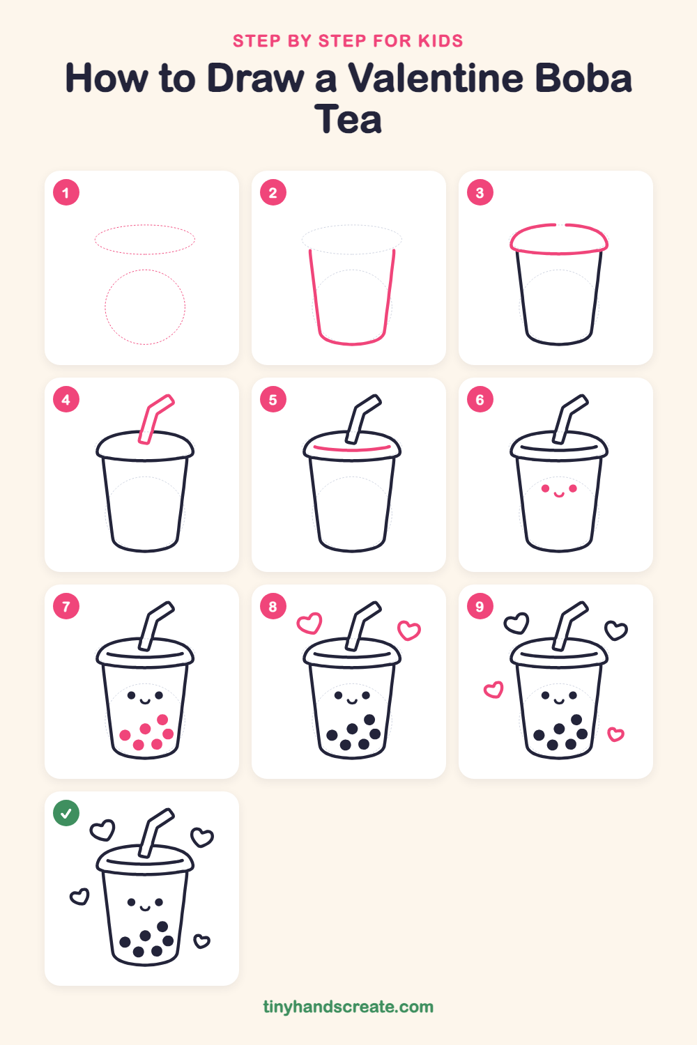 How to draw a valentine boba tea step by step for kids