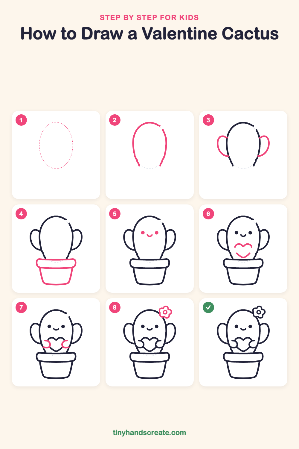How to draw a Valentine cactus step by step for kids