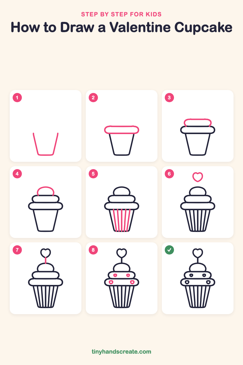 How to draw a Valentine cupcake step by step for kids