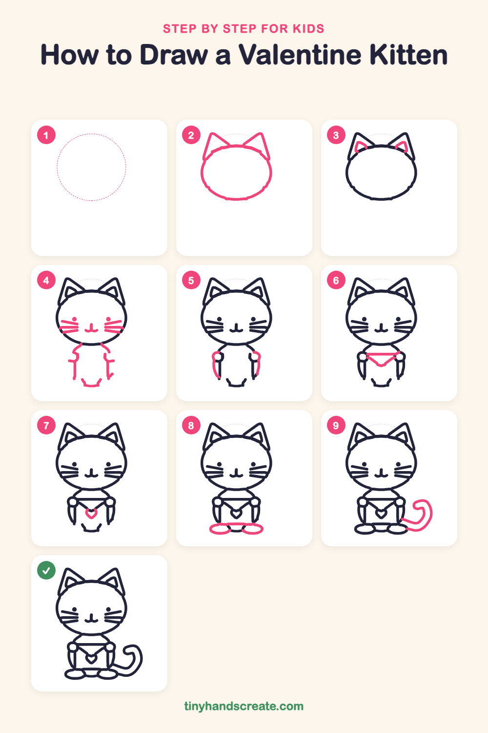 How to draw a Valentine kitten step by step for kids
