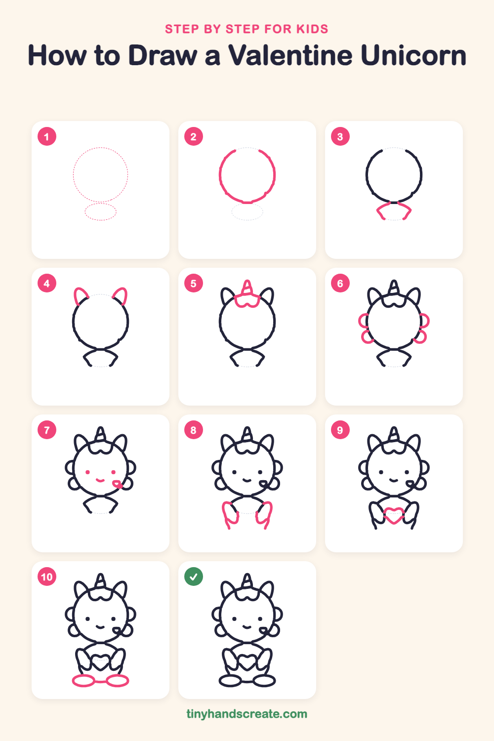 How to draw a Valentine unicorn step by step for kids
