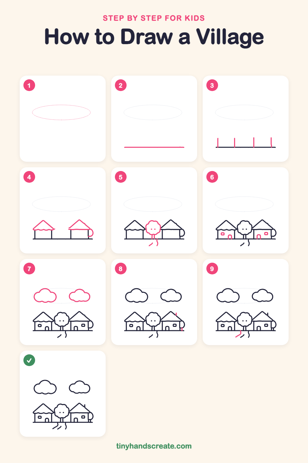 How to draw a village step by step for kids