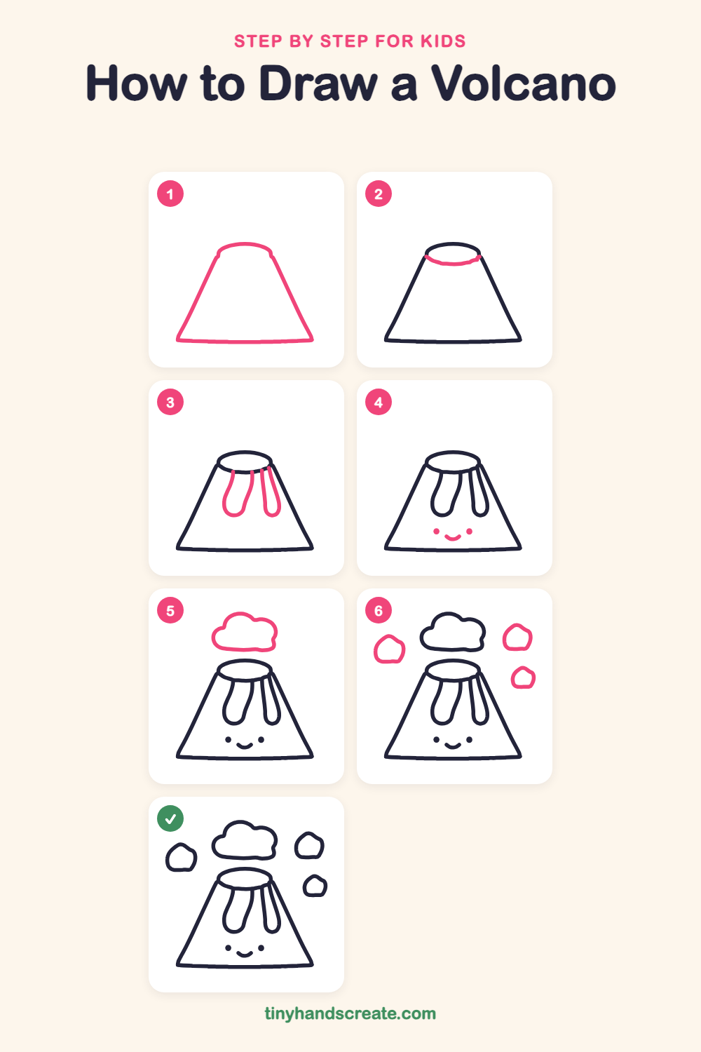 How to draw a volcano step by step for kids