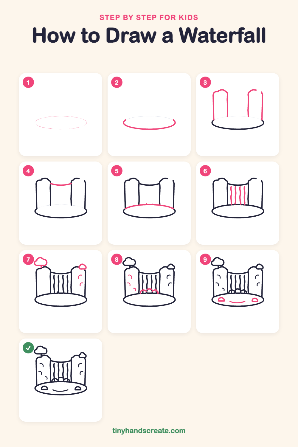 How to draw a waterfall step by step for kids