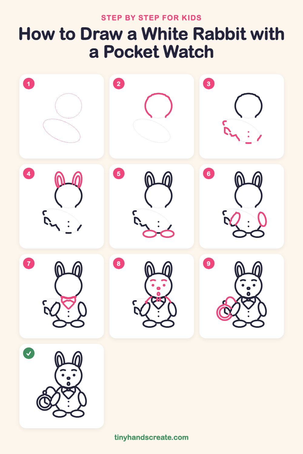 How to draw a white rabbit with a pocket watch step by step for kids