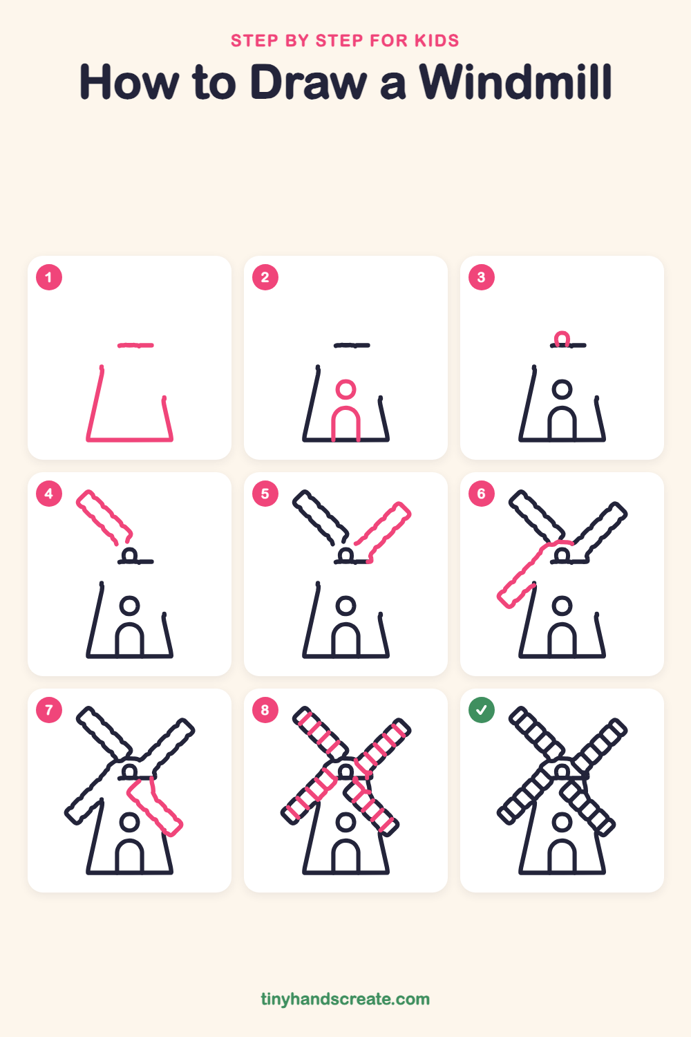 How to draw a windmill step by step for kids