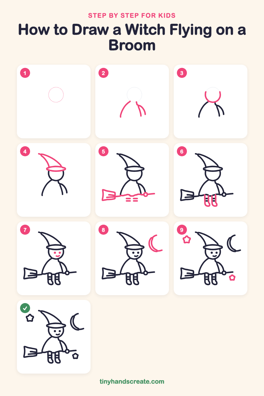 How to draw a witch flying on a broom step by step for kids