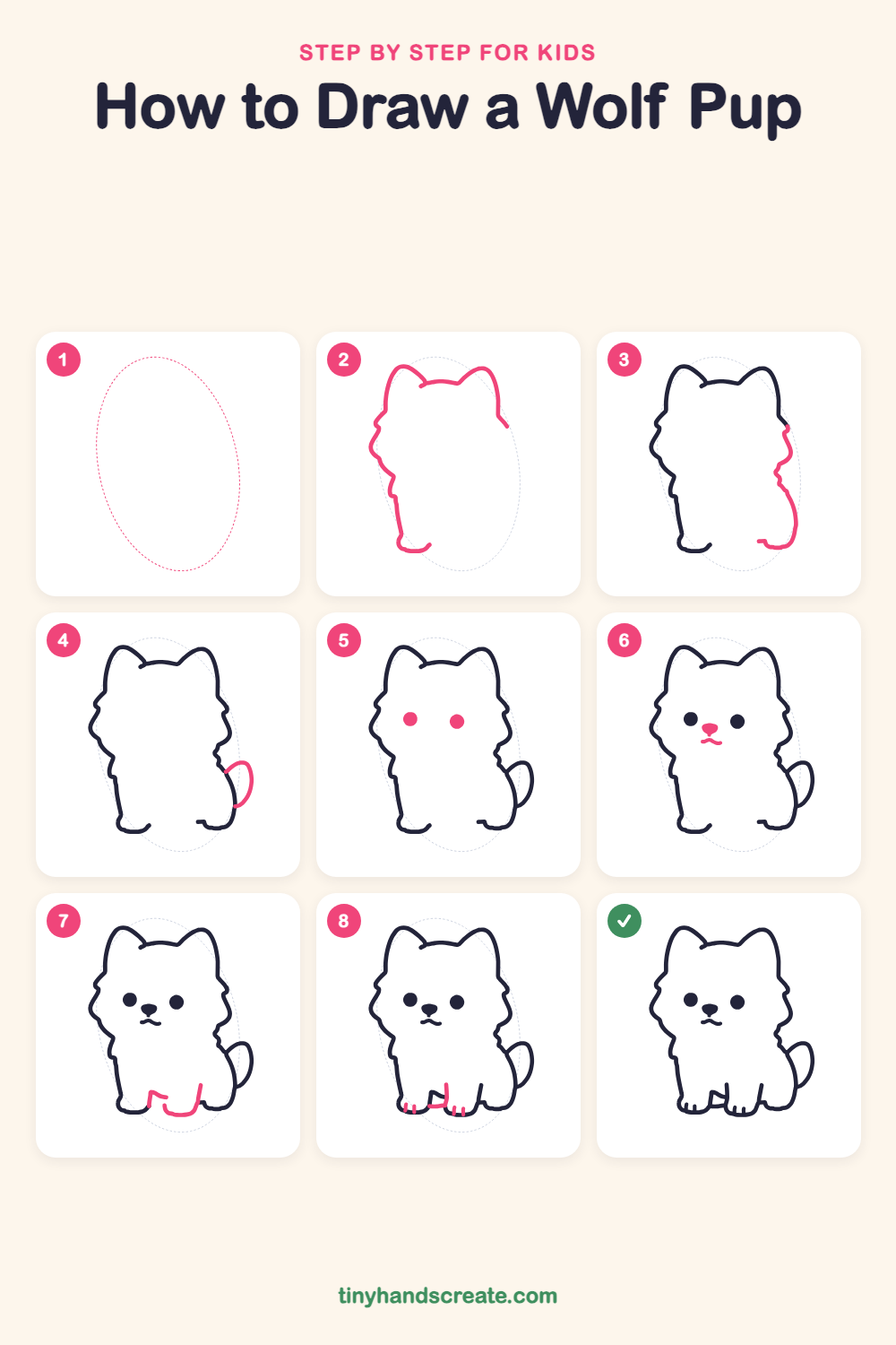How to draw a wolf pup step by step for kids