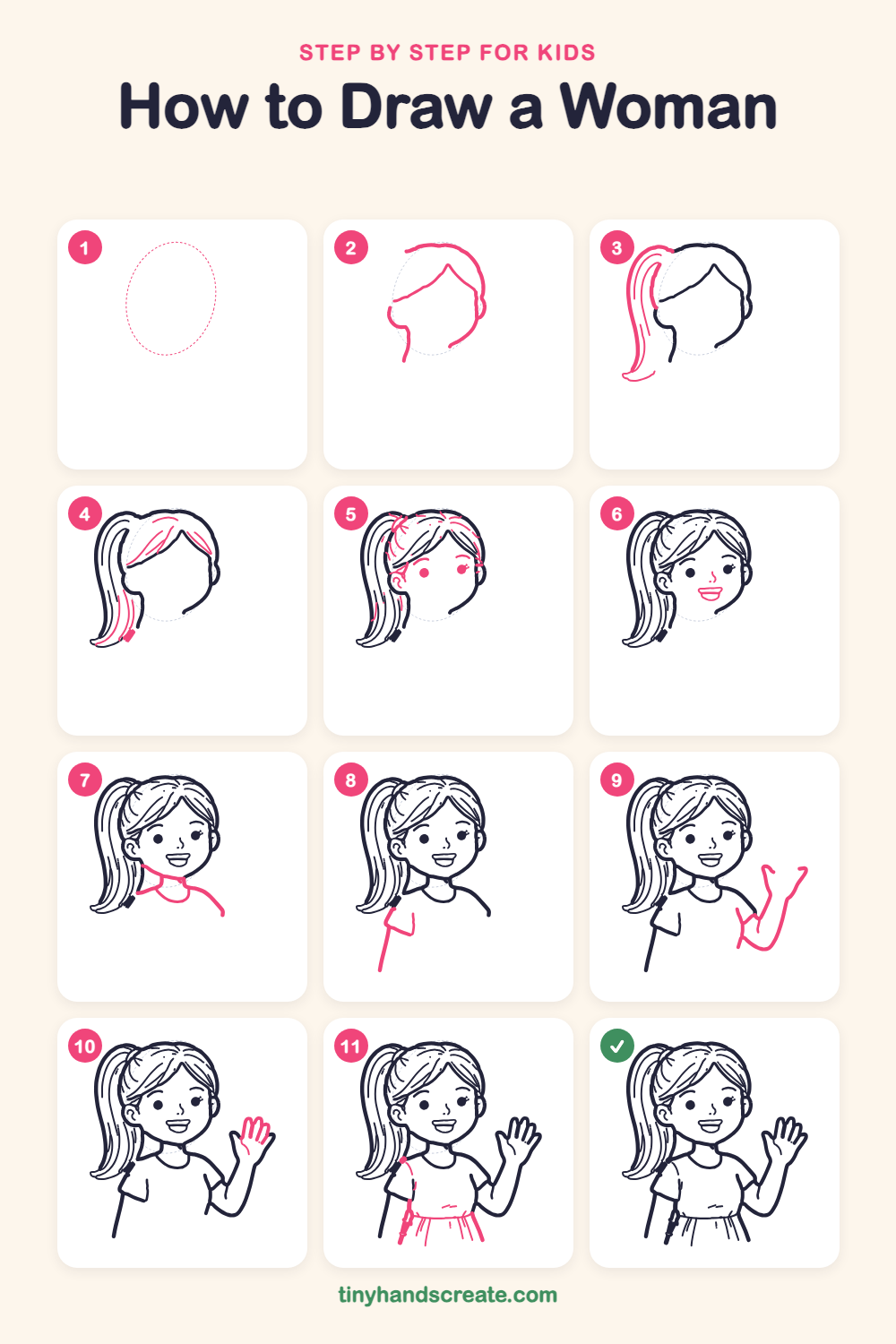 How to draw a woman step by step for kids