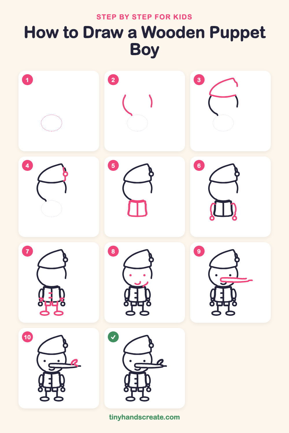 How to draw a wooden puppet boy step by step for kids