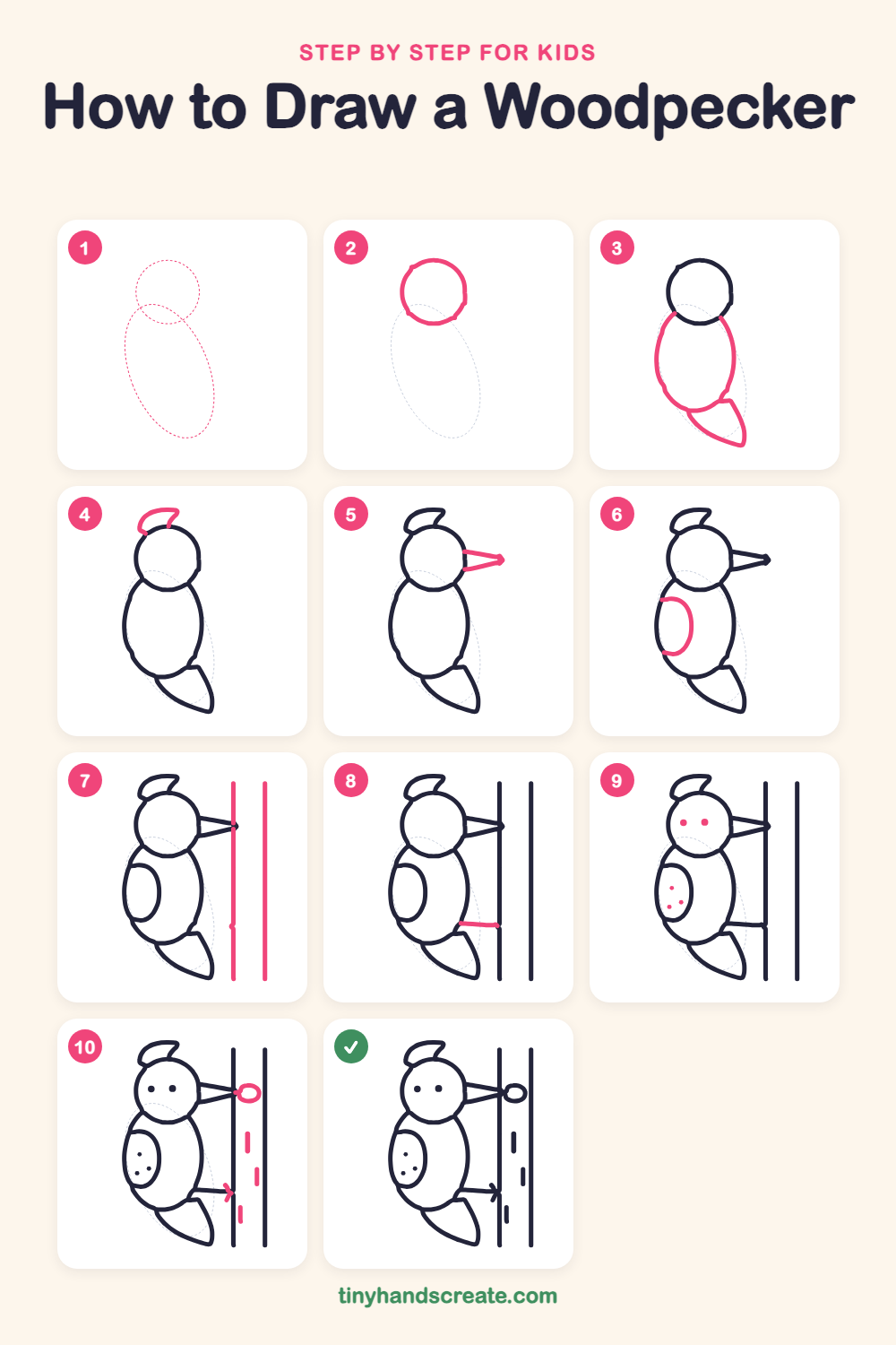 How to draw a woodpecker step by step for kids