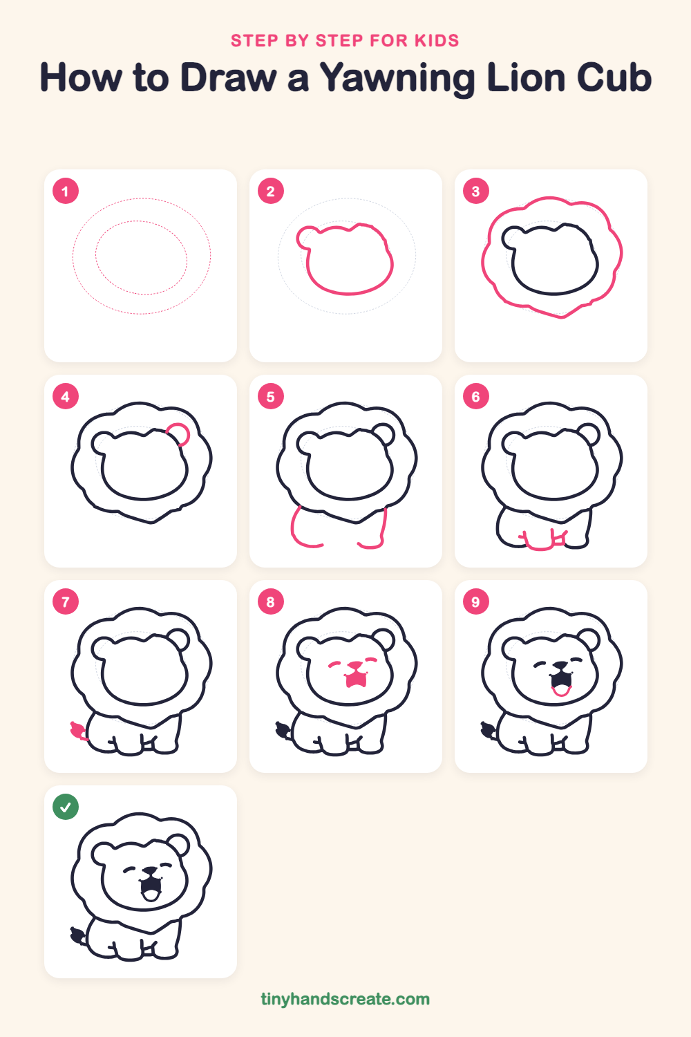 How to draw a yawning lion cub step by step for kids
