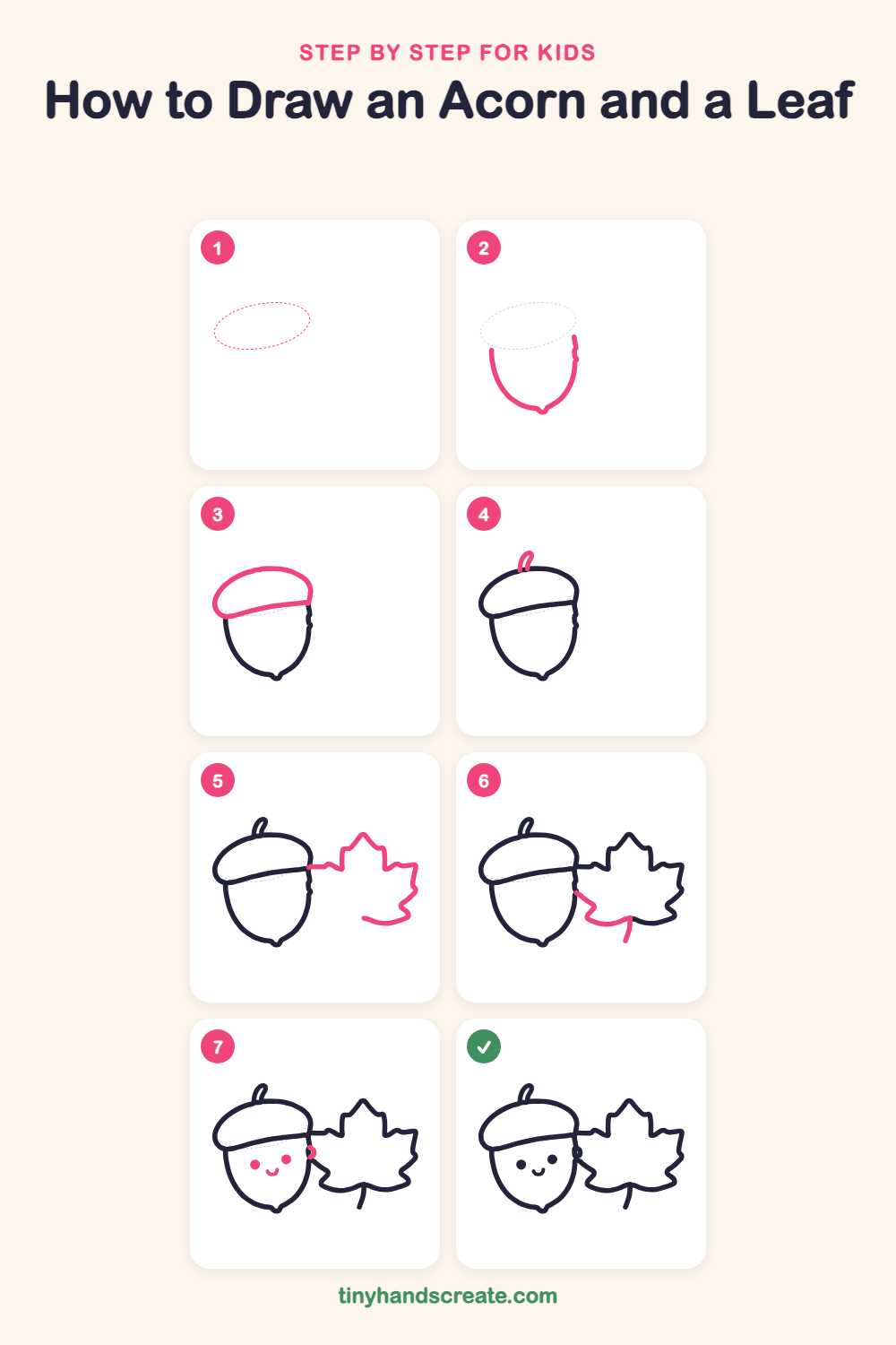 How to draw an acorn and a leaf step by step for kids