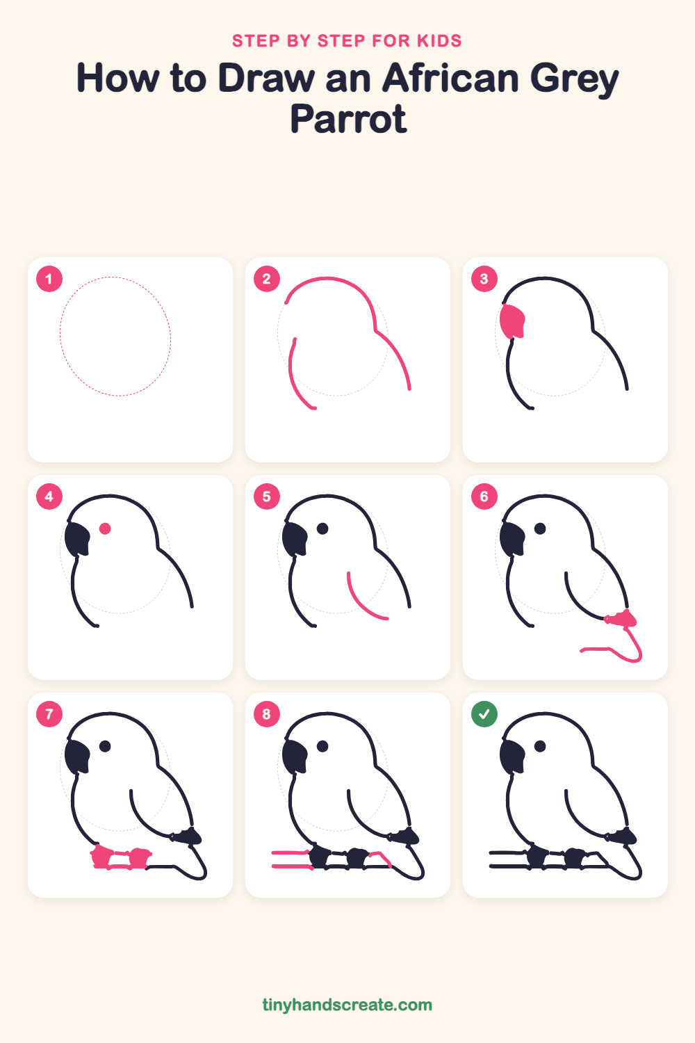 How to draw an African grey parrot step by step for kids
