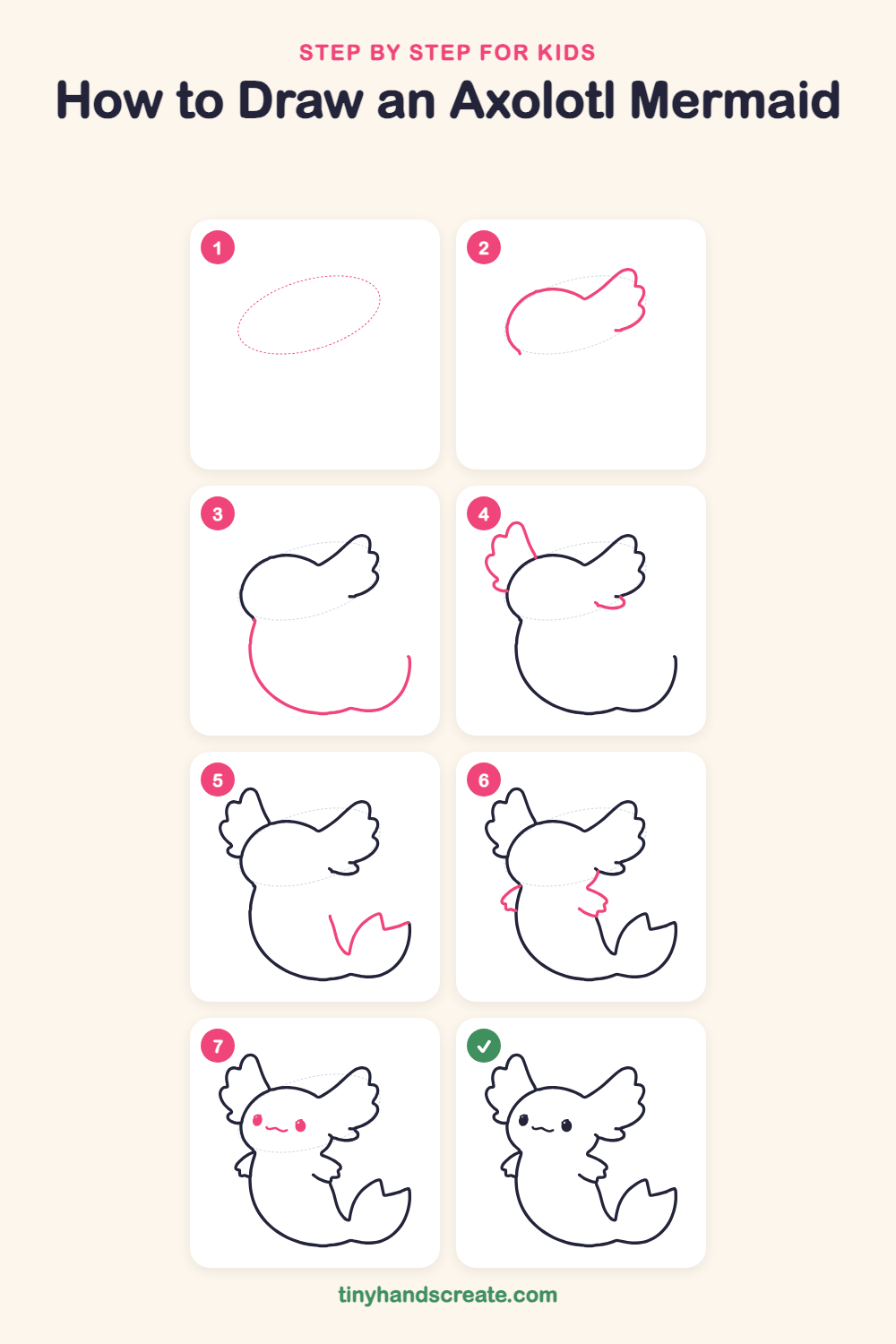 How to draw an axolotl mermaid step by step for kids