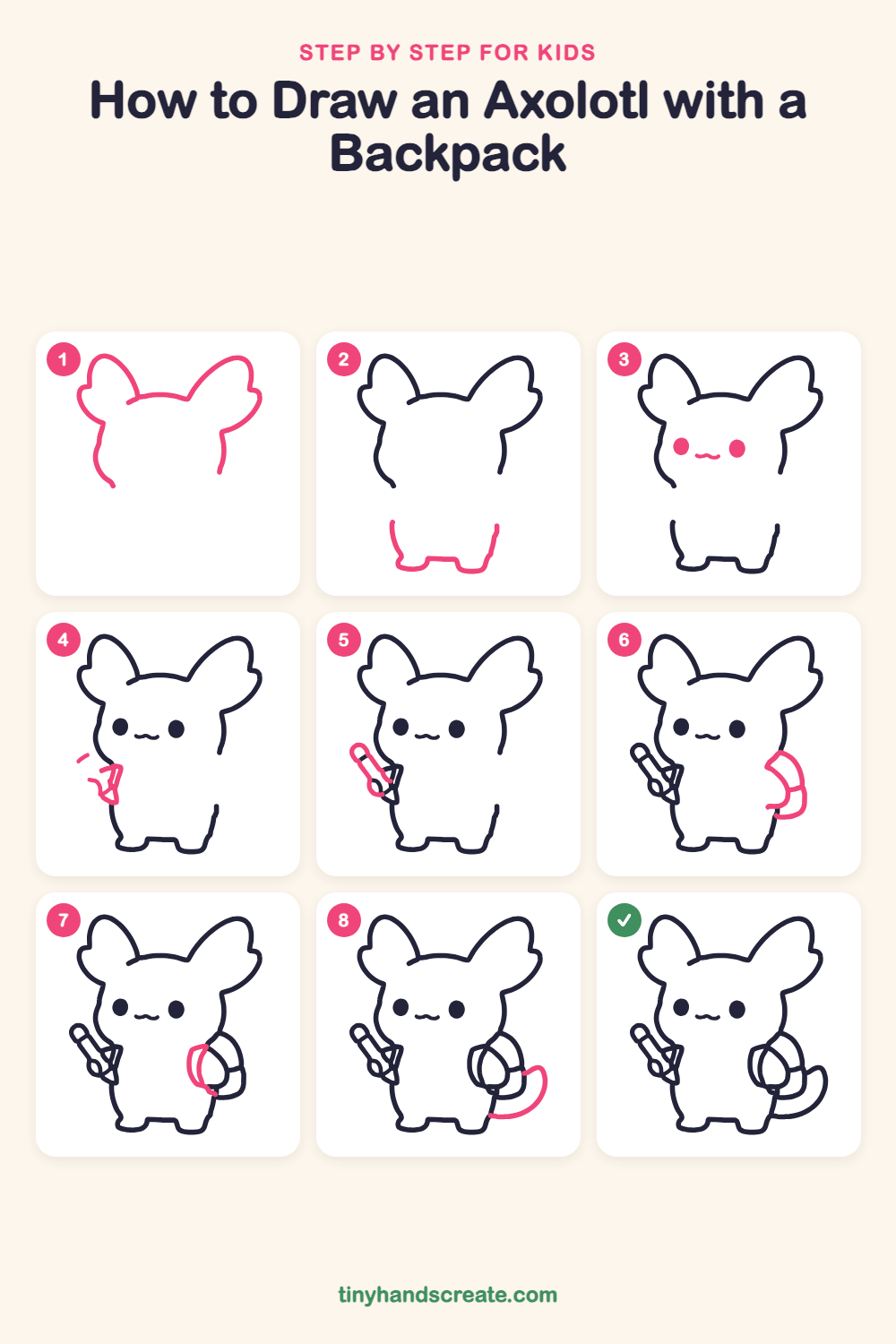 How to draw an axolotl with a backpack step by step for kids