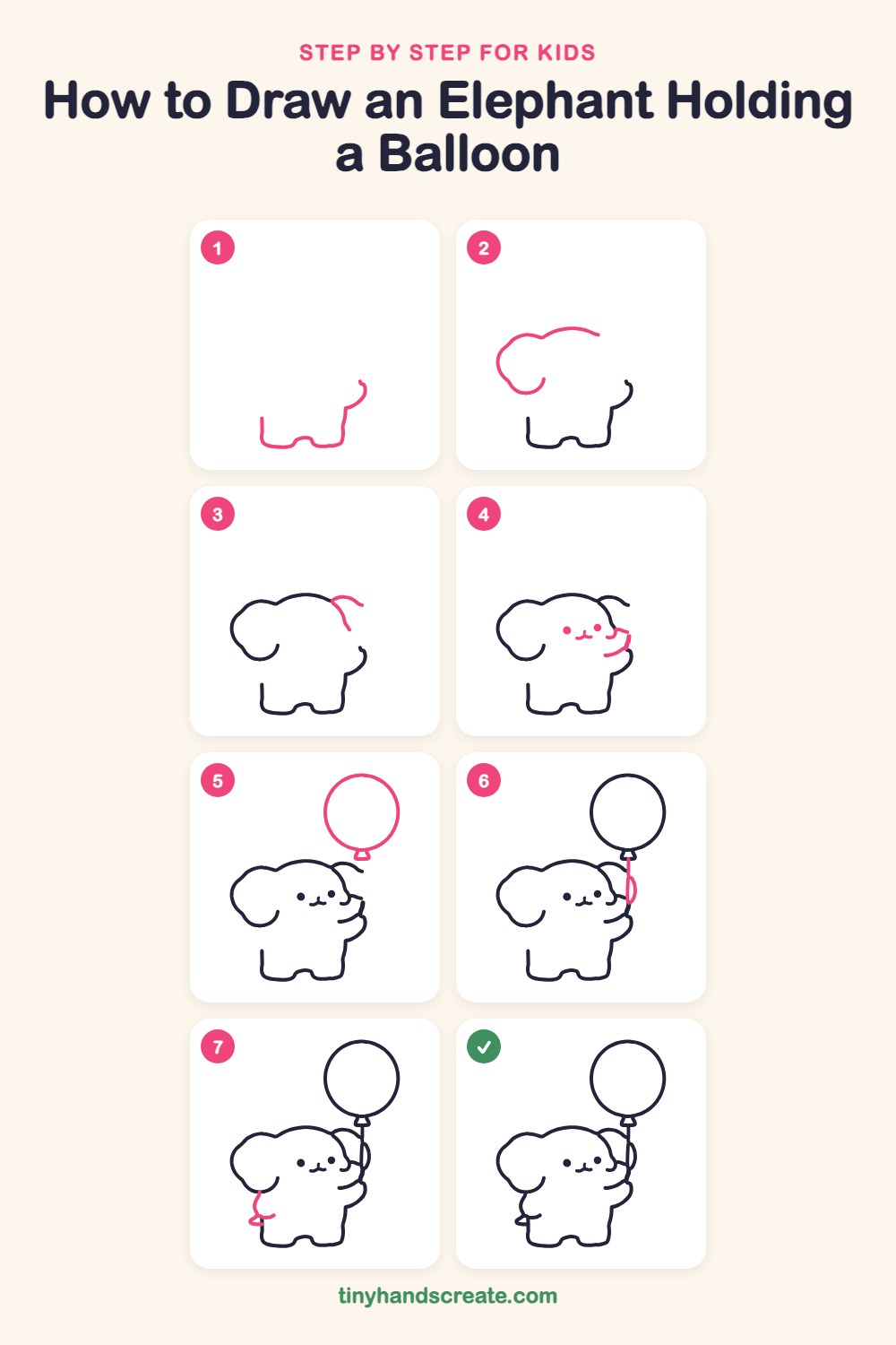 How to draw an elephant holding a balloon step by step for kids
