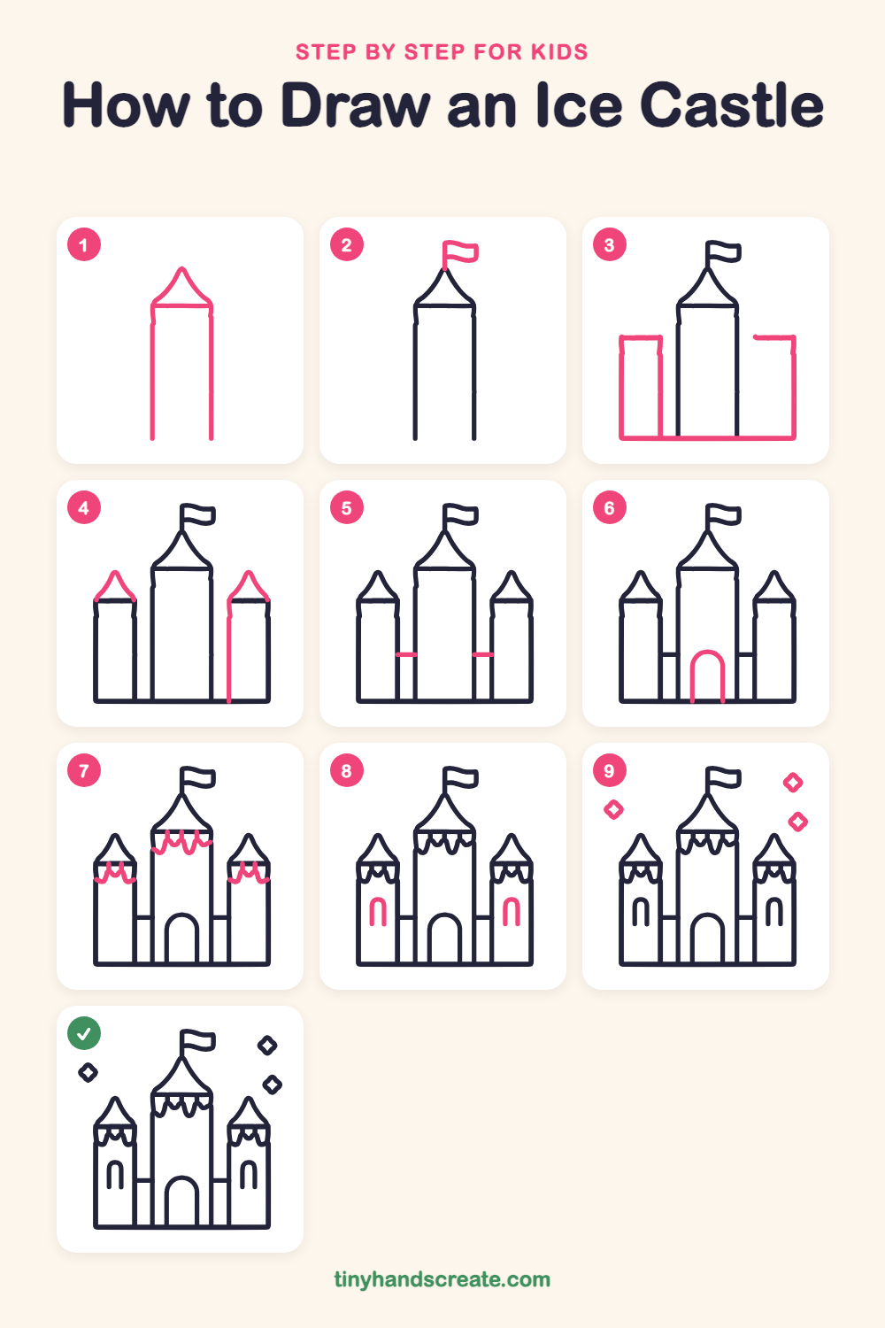 How to draw an ice castle step by step for kids