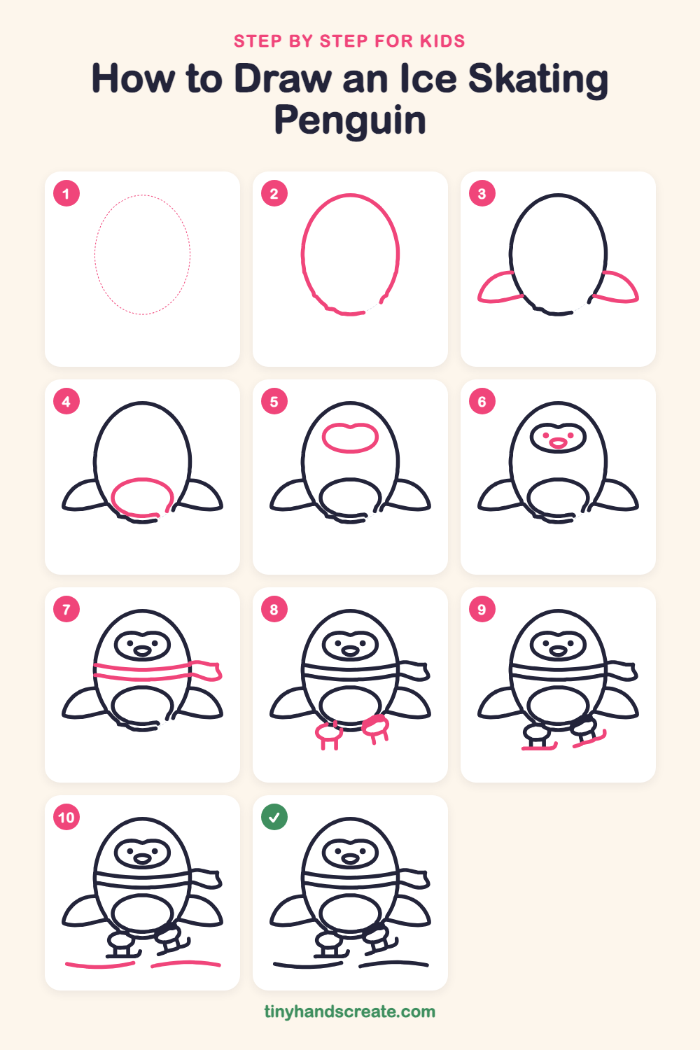 How to draw an ice skating penguin step by step for kids