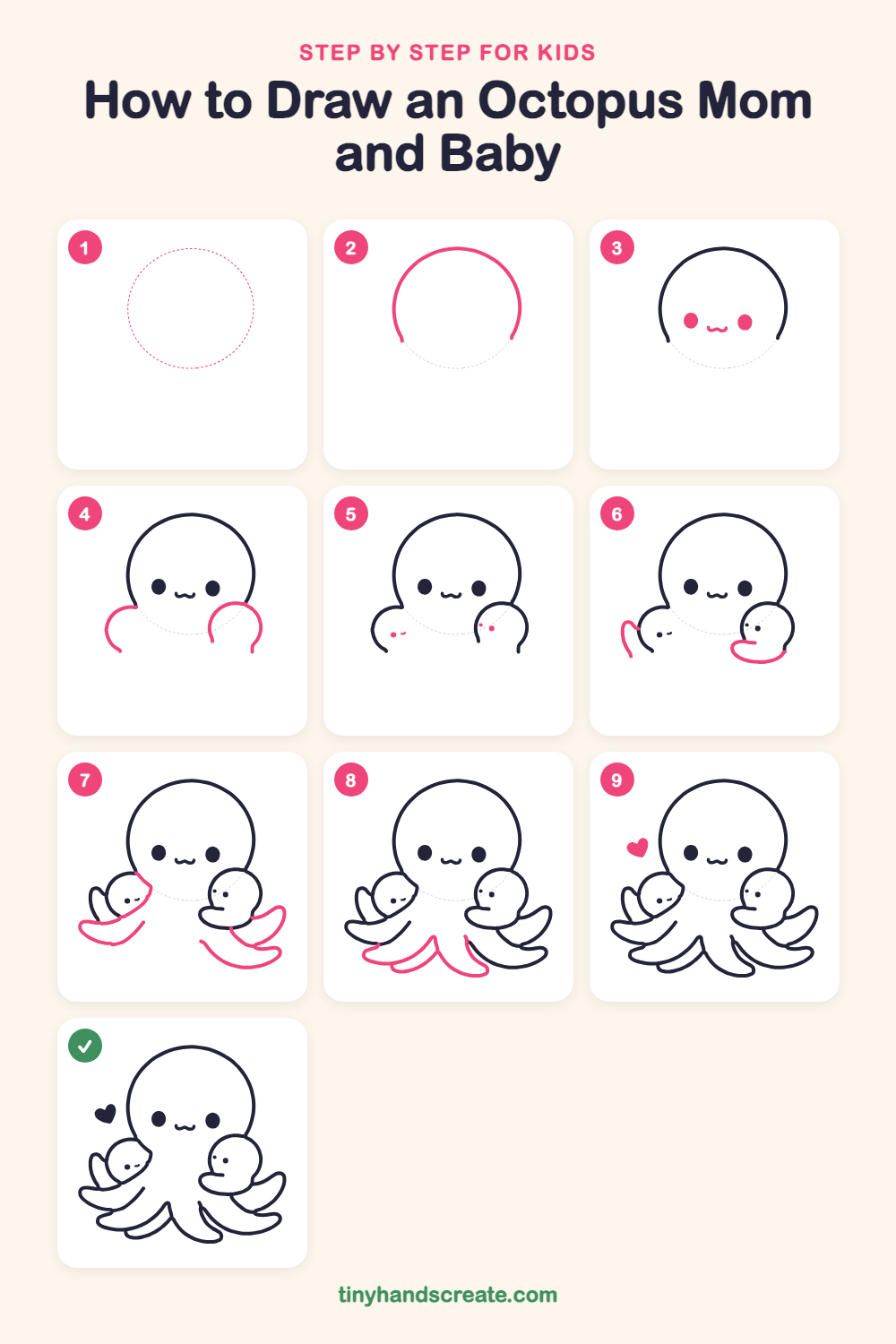 How to draw an octopus mom and baby step by step for kids