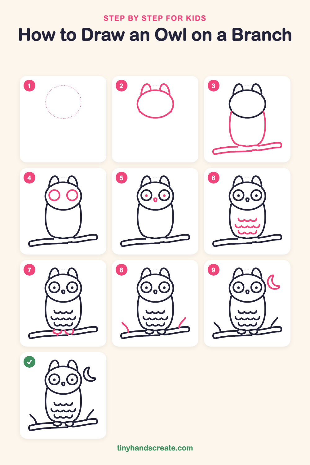 How to draw an owl on a branch step by step for kids