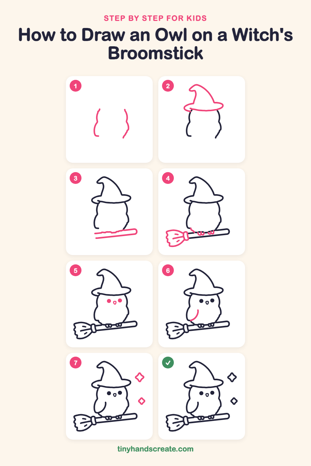 How to draw an owl on a witch's broomstick step by step for kids