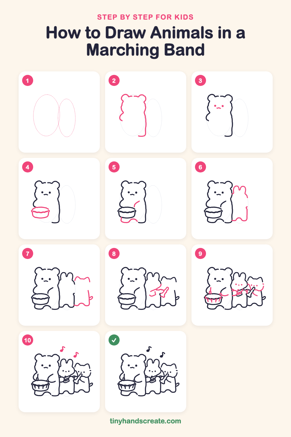 How to draw animals in a marching band step by step for kids