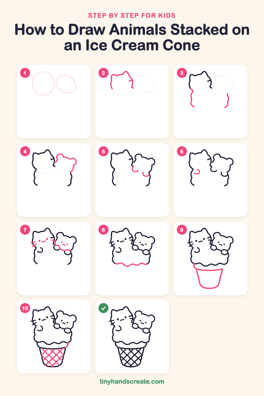 How to draw animals stacked on an ice cream cone step by step for kids