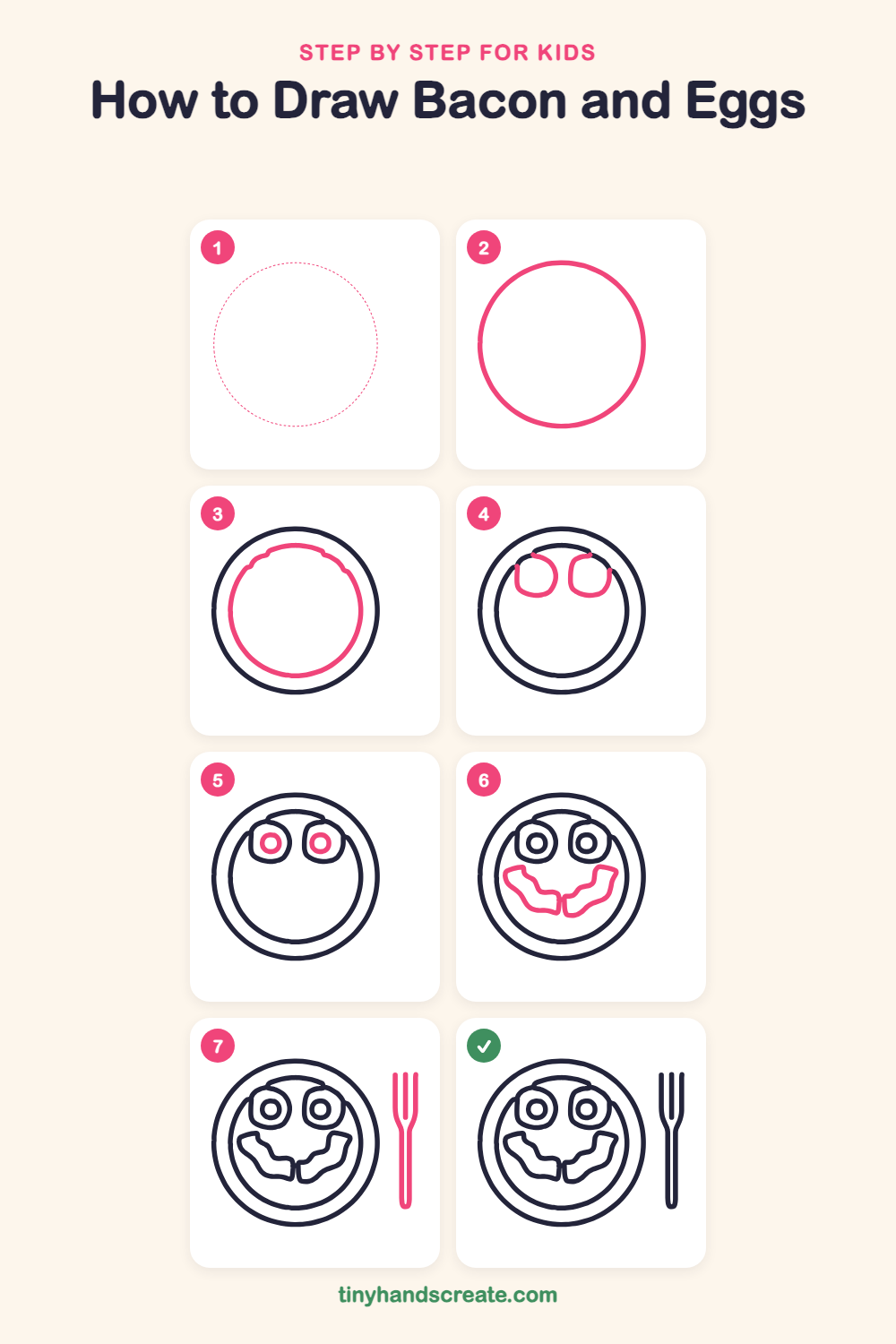 How to draw bacon and eggs step by step for kids