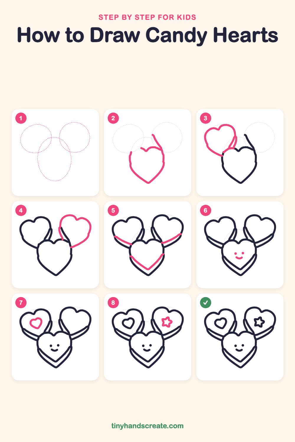 How to draw candy hearts step by step for kids