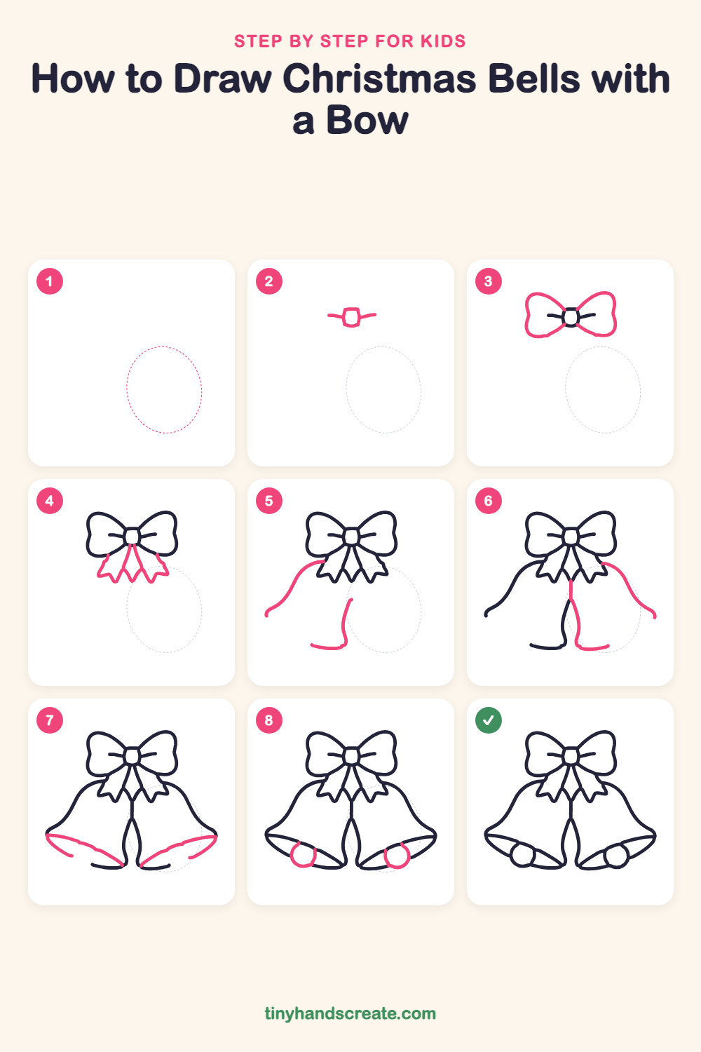 How to draw Christmas bells with a bow step by step for kids