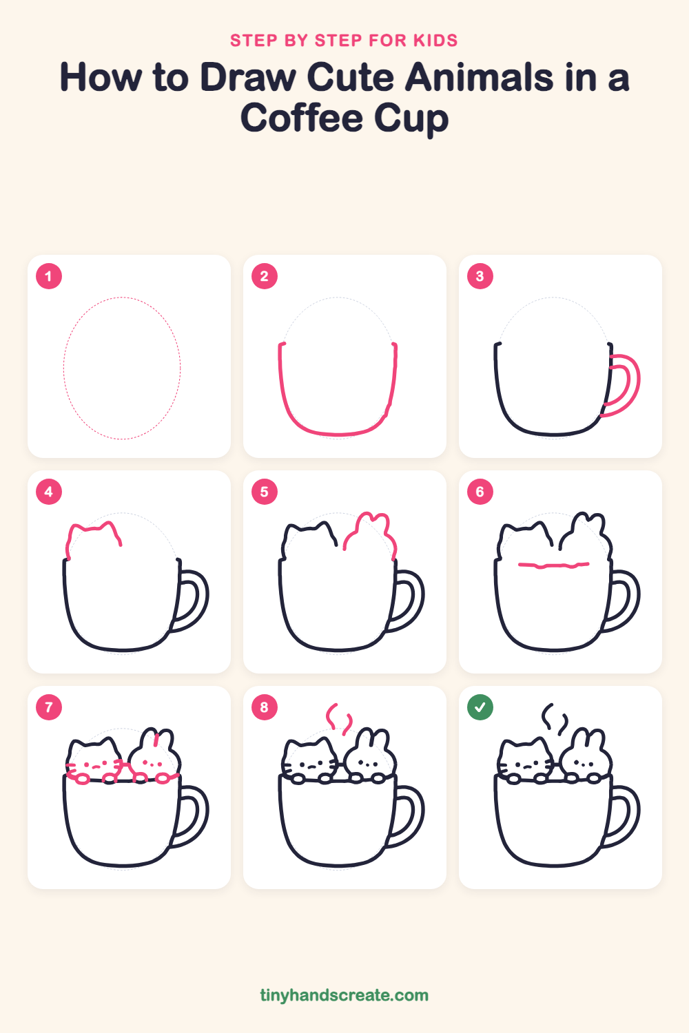 How to draw cute animals in a coffee cup step by step for kids